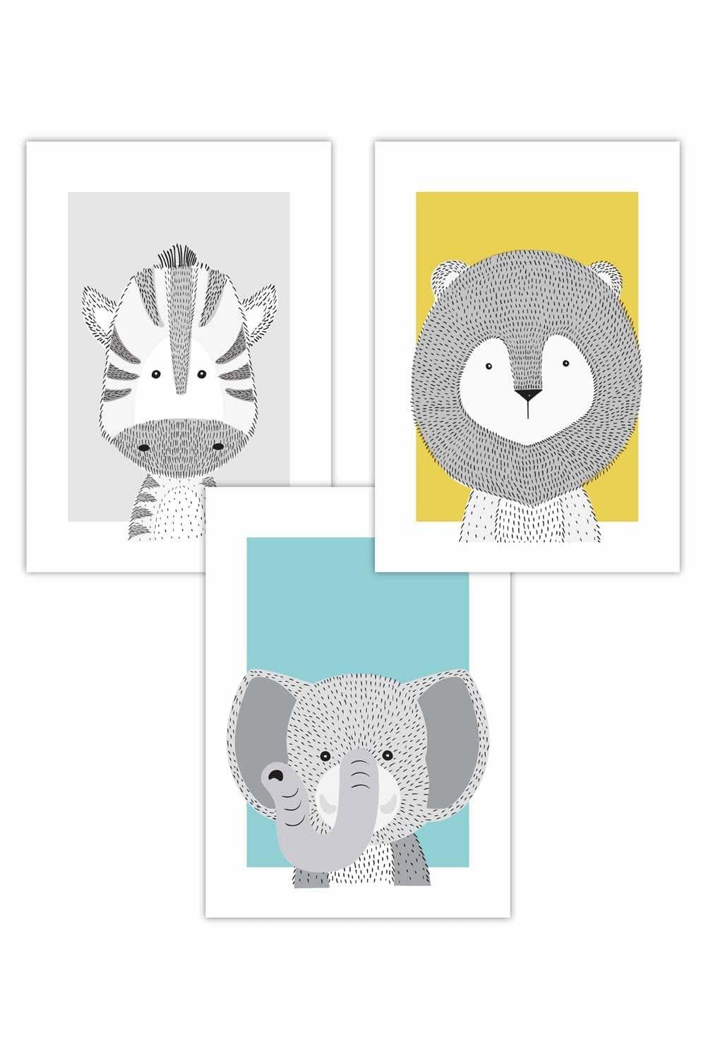 Set of 3 Nursery Scandi Sketch Jungle Animals with Lion in Blue Yellow Grey Art Posters